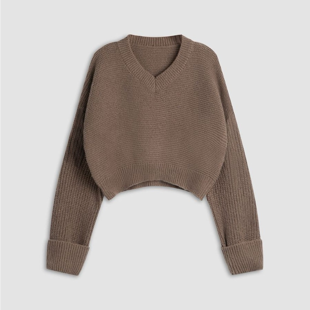 Commense Cropped V-Neck Ribbed Sweater - Taupe Brown